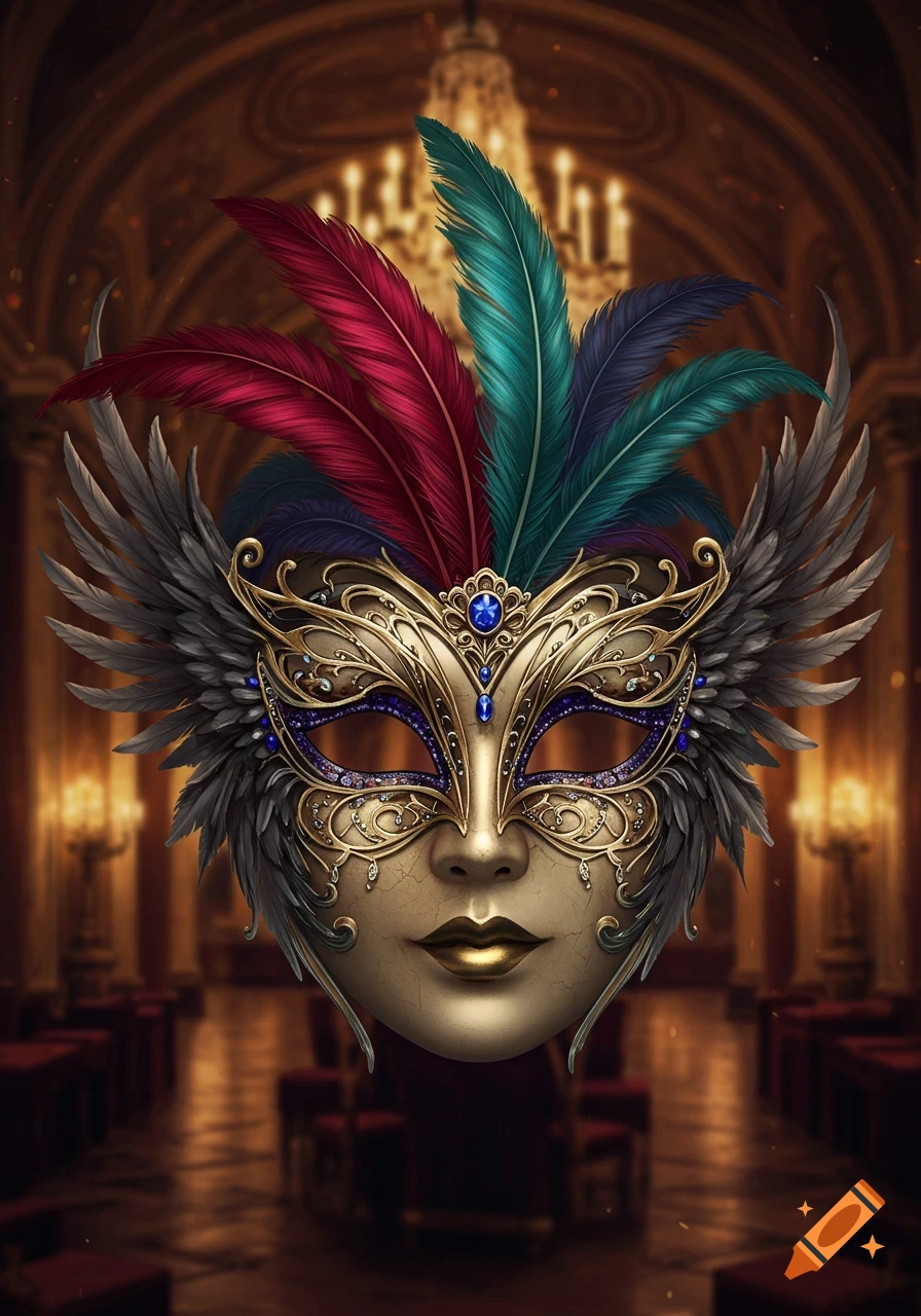 An ornate golden Venetian mask with black wings, red, teal, and black feathers, and blue gems, against a blurred opulent interior.