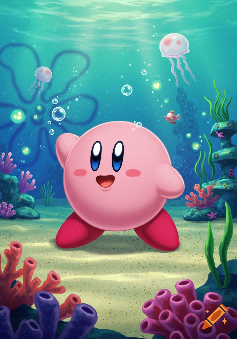 Kirby swims happily in a vibrant underwater scene with jellyfish and coral, drawn in a cartoon style reminiscent of SpongeBob SquarePants.