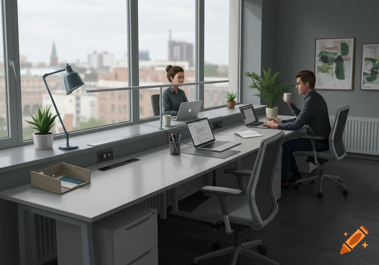 Two people work on laptops at a long desk in a modern office with large windows overlooking a city, plants, and framed art.