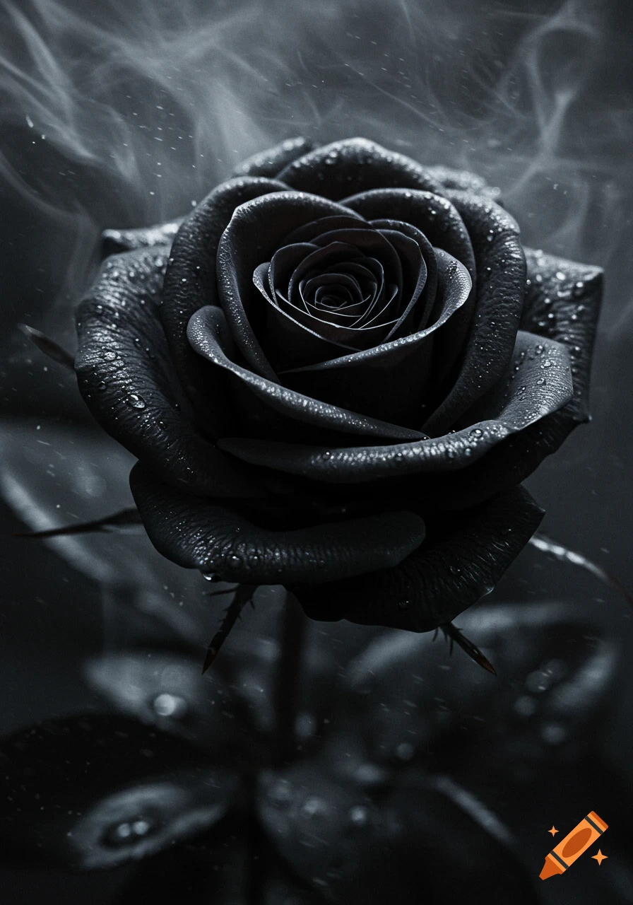 Close-up of a black rose covered in water droplets with a misty, dark background.