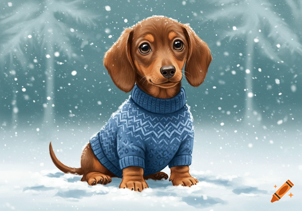 A brown dachshund puppy wearing a blue patterned sweater sits in the snow as snowflakes fall. Illustrated style.