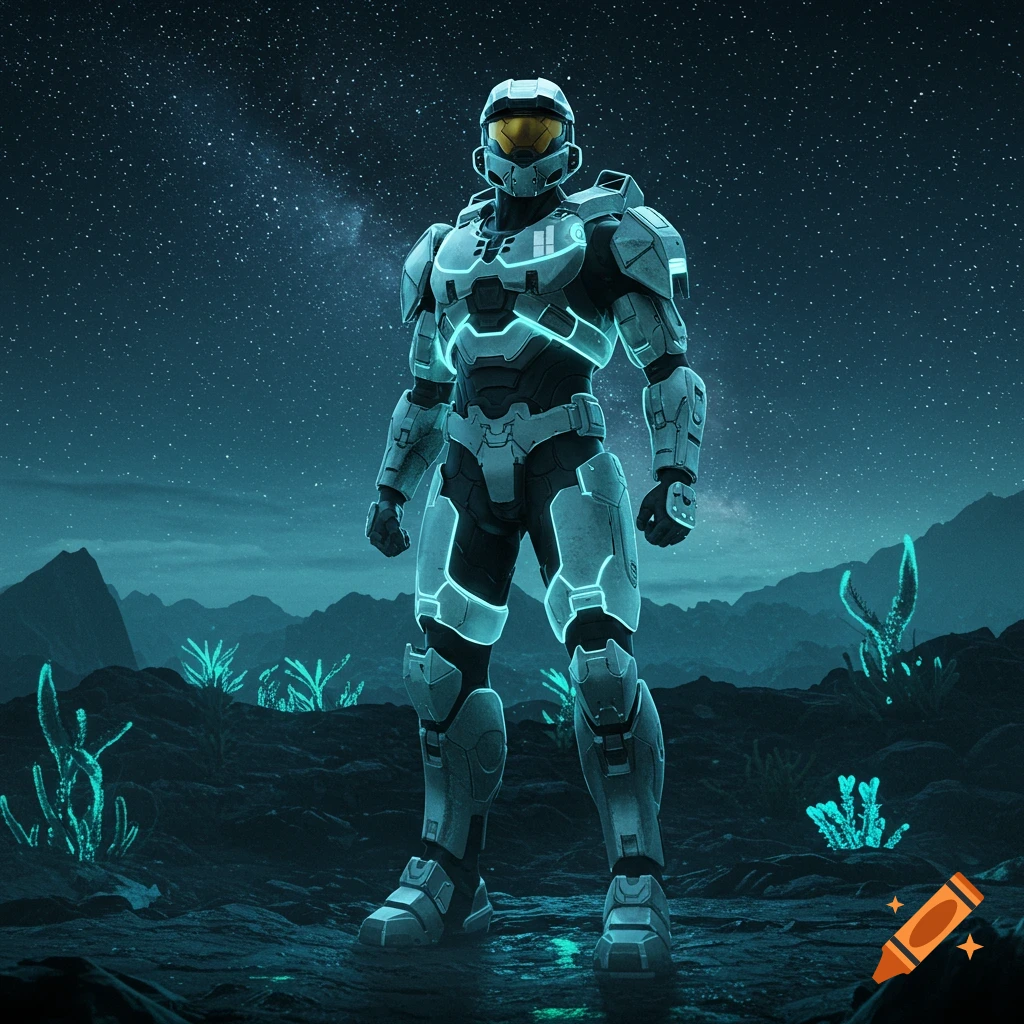 A futuristic armored soldier in glowing teal and white armor stands on a dark alien landscape with glowing plants under a starry night sky.