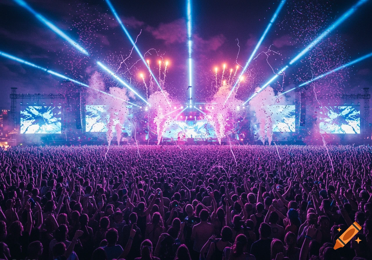 A massive crowd under blue and purple lights at an an outdoor music concert with fireworks and confetti.