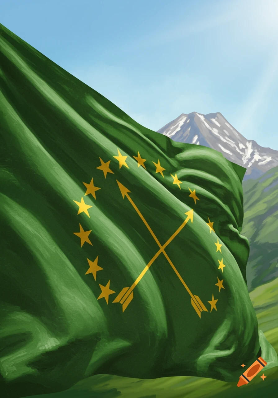 A green Circassian flag with golden stars and crossed arrows waves against a blue sky, with a snow-capped mountain and green hills in the background.