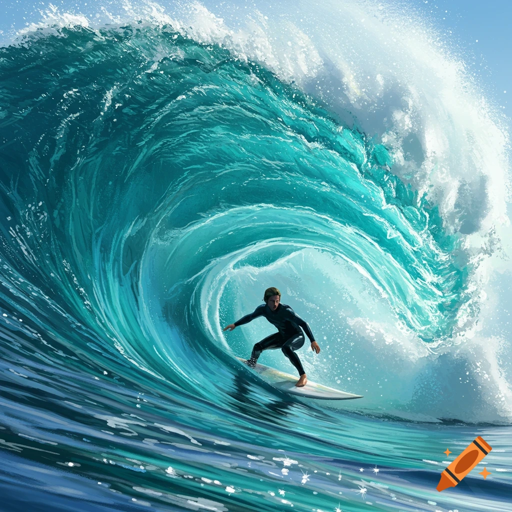 A surfer in a dark wetsuit expertly rides a large, powerful turquoise barrel wave in a vibrant illustration.