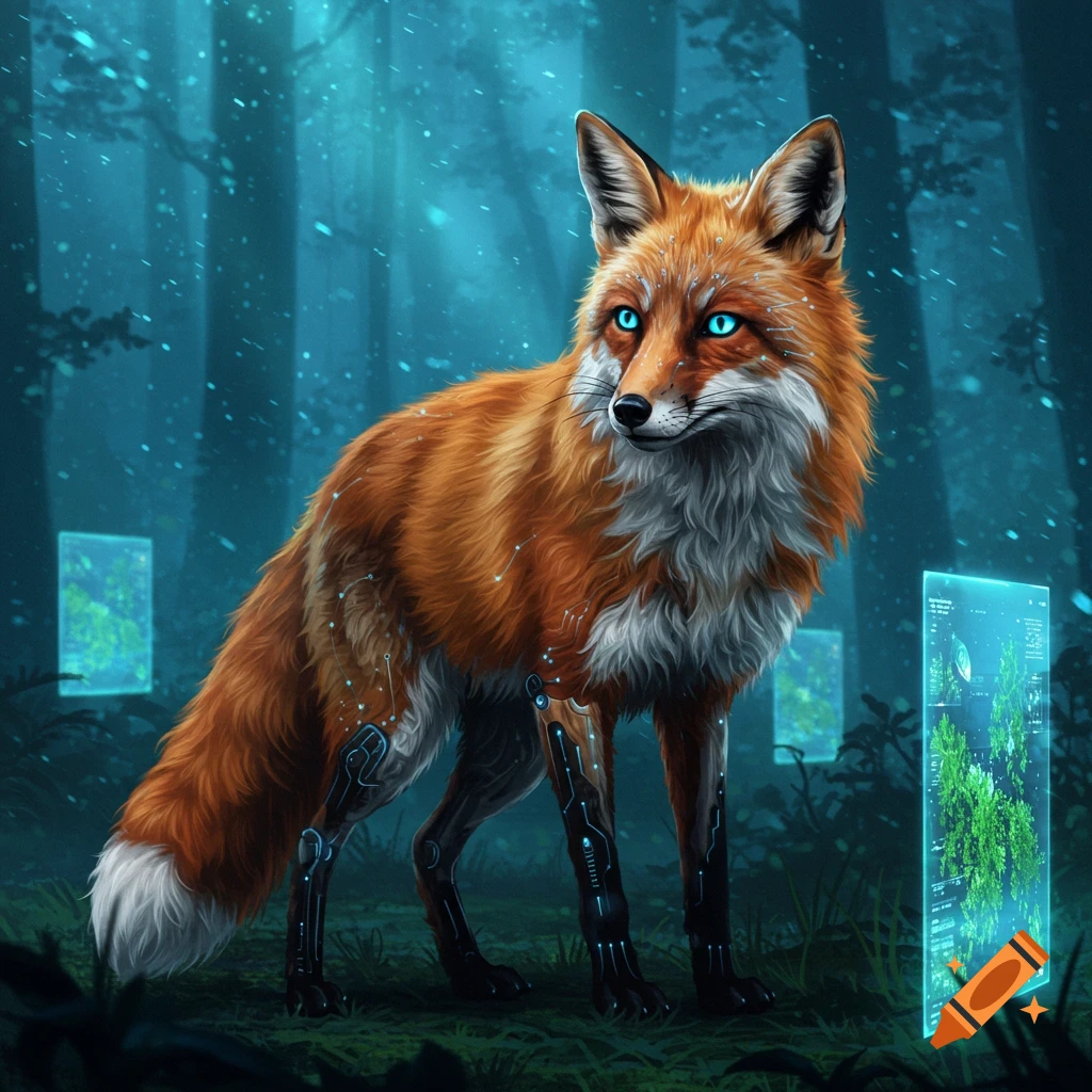 An orange and white fox with glowing blue eyes and cybernetic legs stands in a dark, glowing forest with holographic data screens.