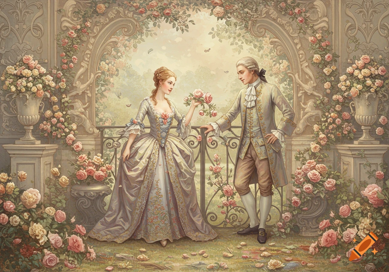 A man and woman in elegant Rococo attire stand in a lush, rose-filled garden, the woman offering roses to the man in a pastel painting style.
