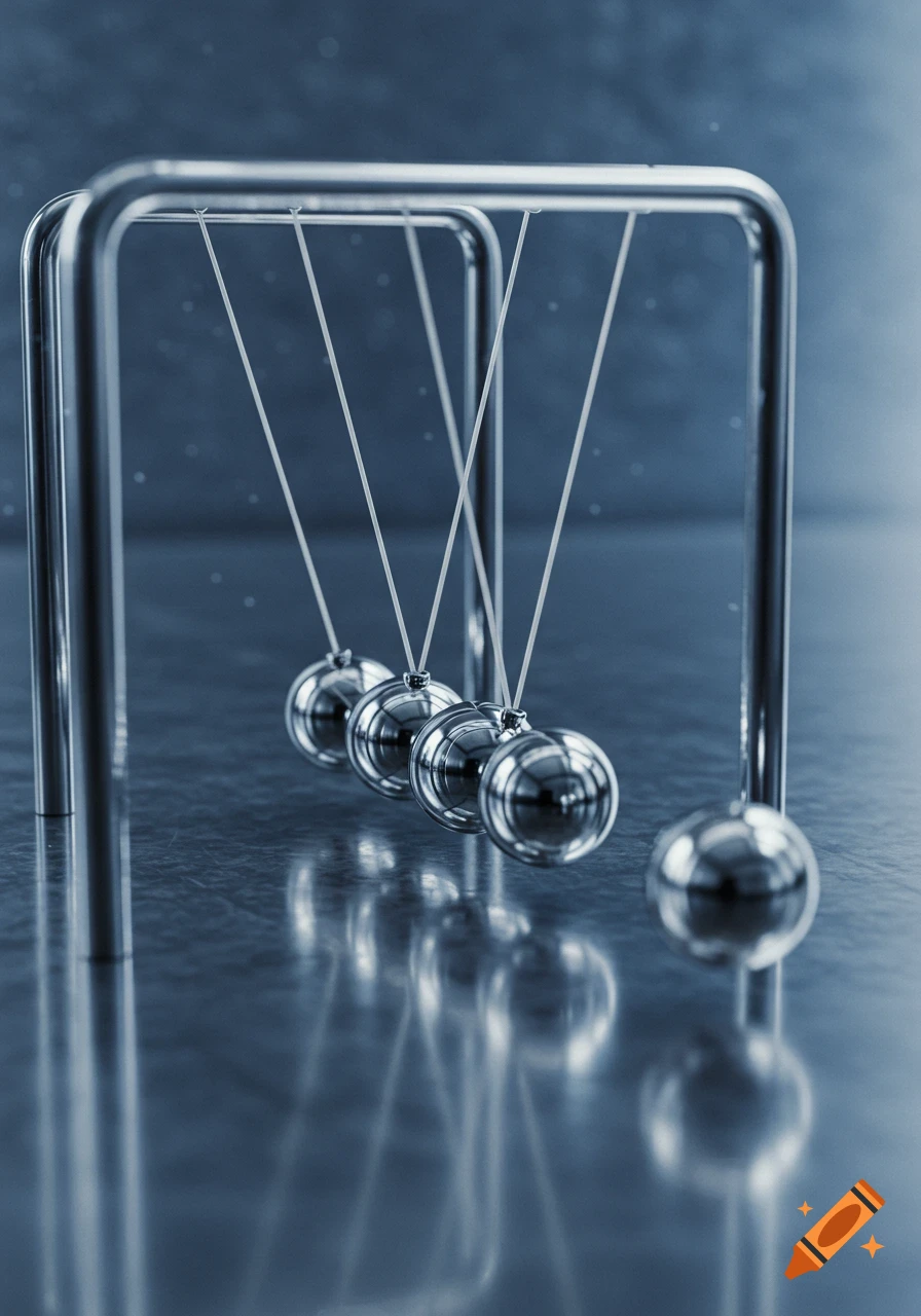 A photorealistic Newton's Cradle with five chrome spheres, one swinging outward, against a blue-grey background.