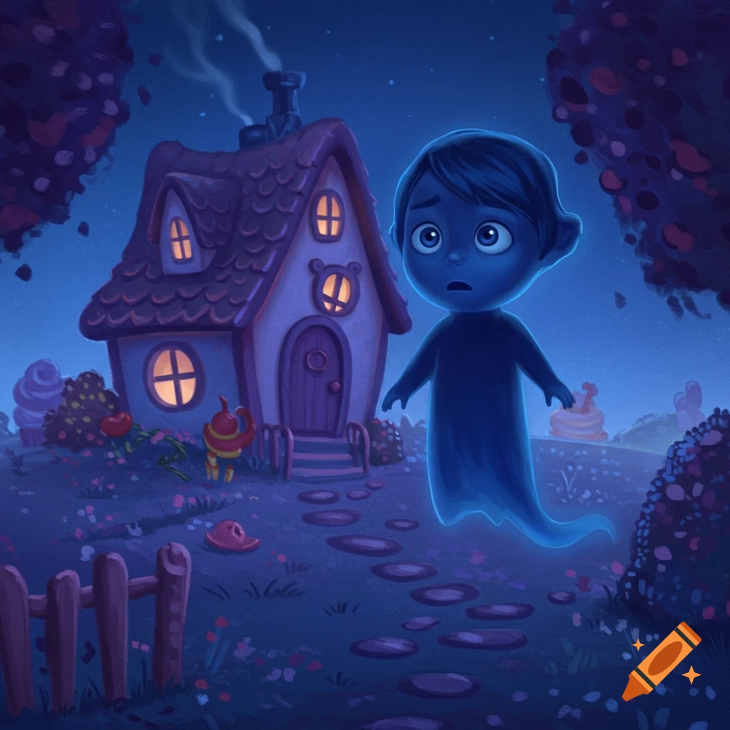 A worried dark blue ghost child floats on a stone path in front of a cute, glowing country house at night, in a cartoon style.