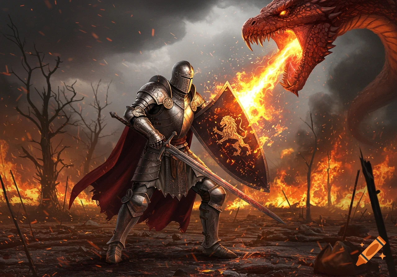 A knight in shining armor with a lion shield and sword battles a fire-breathing red dragon amidst a fiery, stormy landscape.