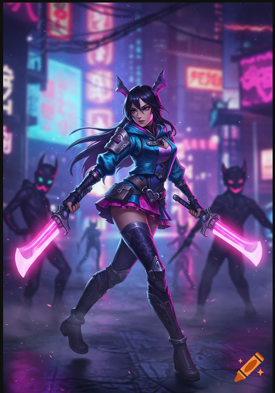 A female demon hunter with horns and glowing swords walks through a neon cyberpunk city at night, with shadowy figures.