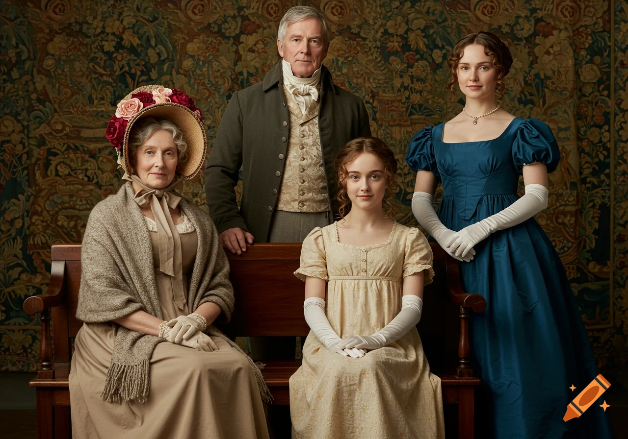 A formal Regency family portrait of two seated women and two standing people behind them, with a tapestry background.