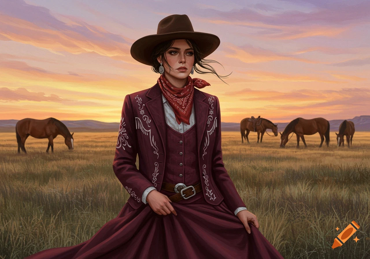 A digital painting of a woman in a brown hat, maroon western jacket, and long skirt, in a grassy field with horses at sunset.