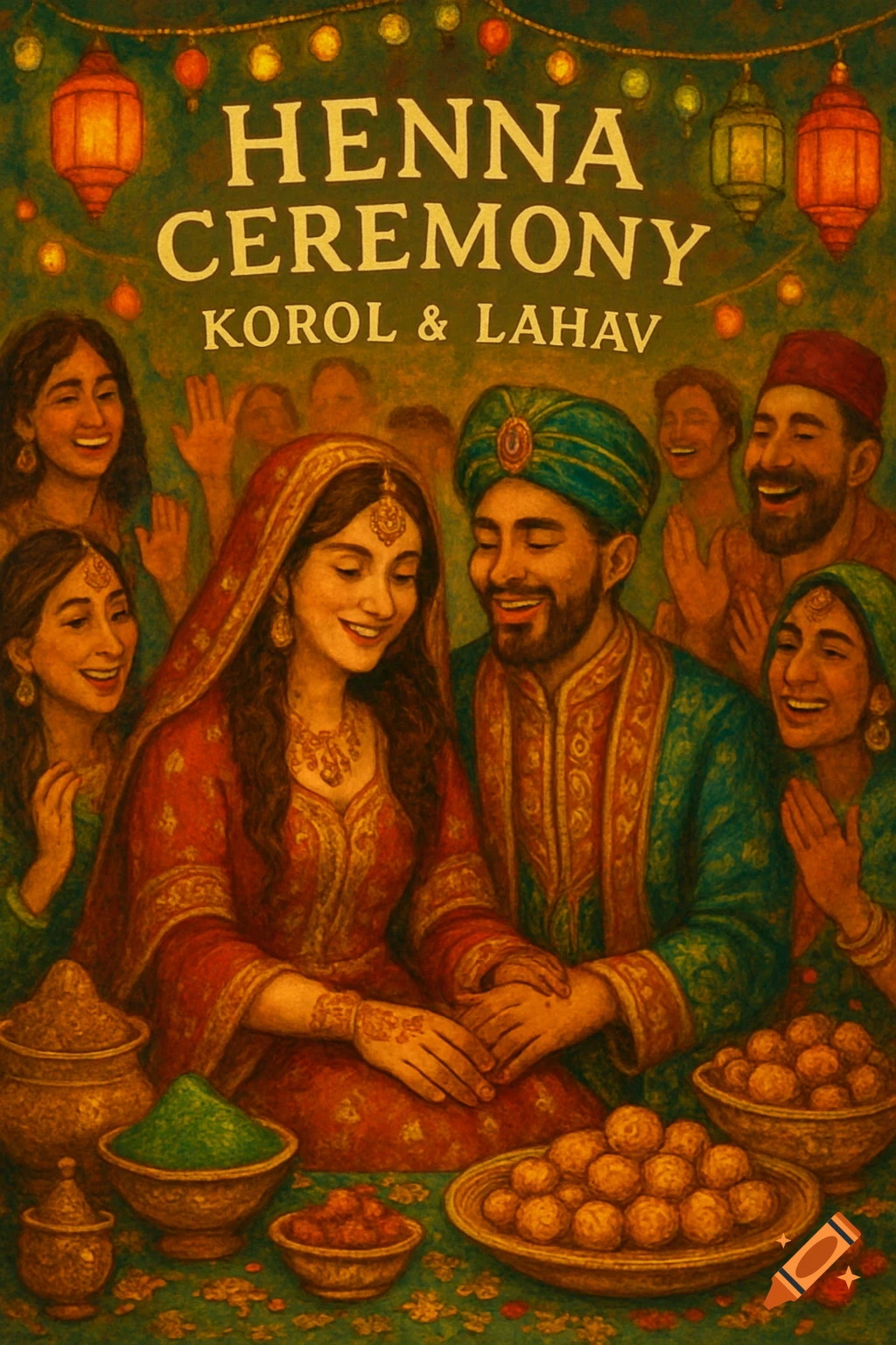 Vibrant painterly illustration of a joyful Henna Ceremony for Koral and Lahav, with guests, lanterns, and traditional food.