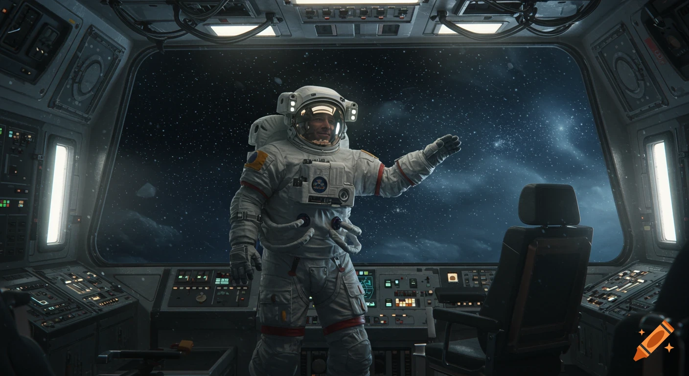 An astronaut in a detailed spacesuit stands inside a spacecraft cockpit, looking out at a starry space scene, in a realistic style.