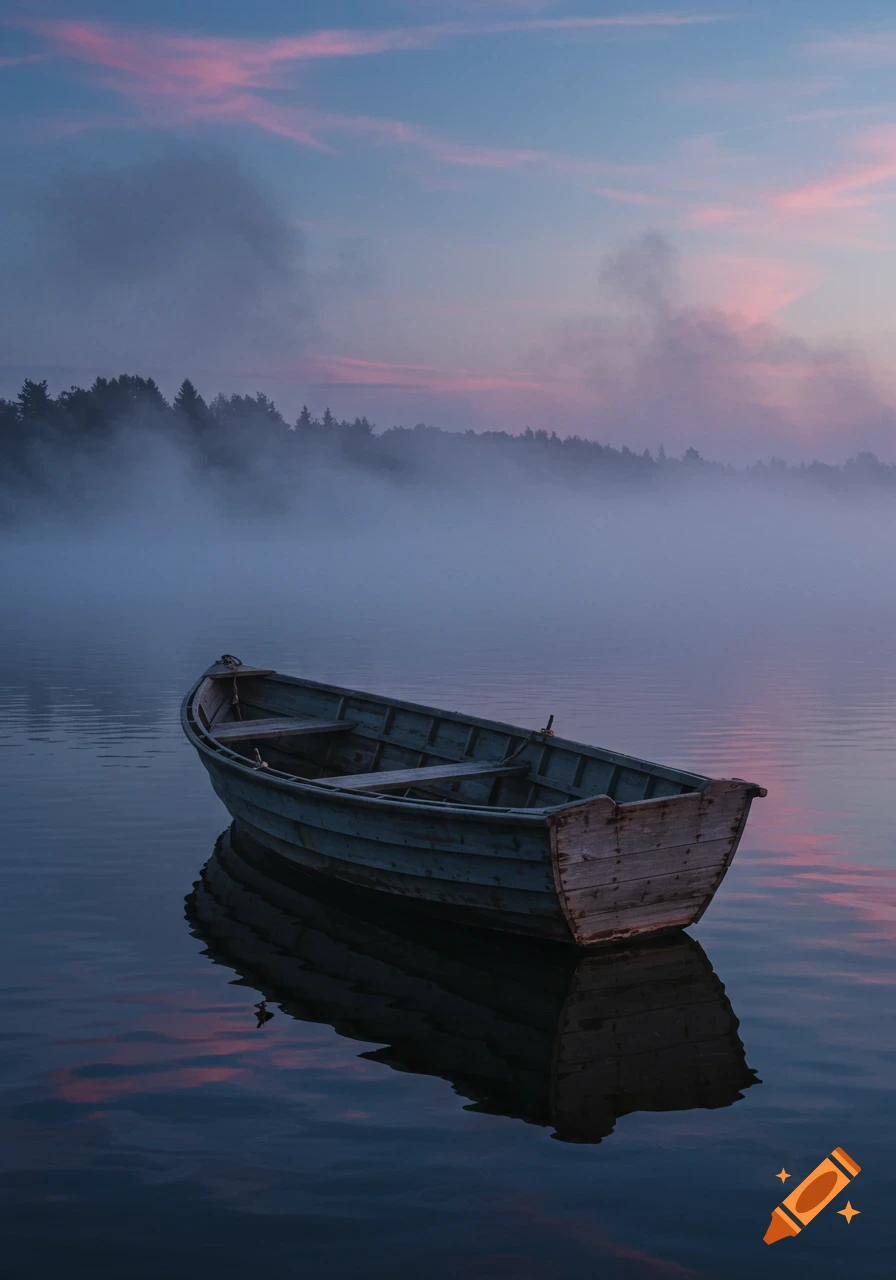 A small wooden boat floats peacefully on a misty lake at dawn, reflecting pink and blue sky, with a dark forest obscured by fog.