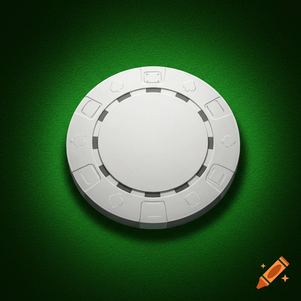A white poker chip with embossed card suit symbols rests on a dark green felt poker table, viewed from above.