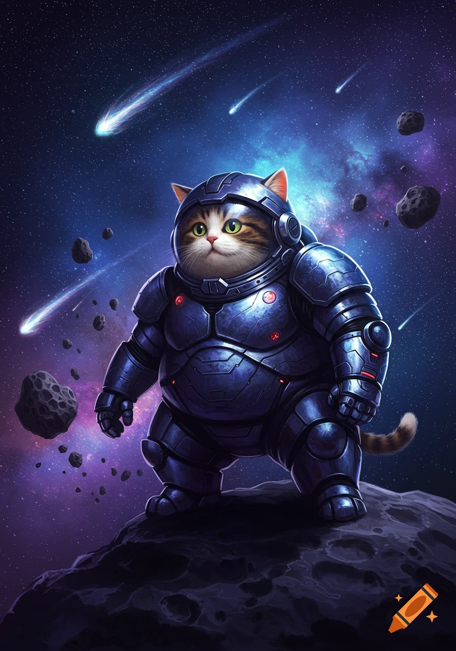 A cute, chubby cat in a detailed blue space marine suit stands on an asteroid, looking into a starry galaxy with comets.