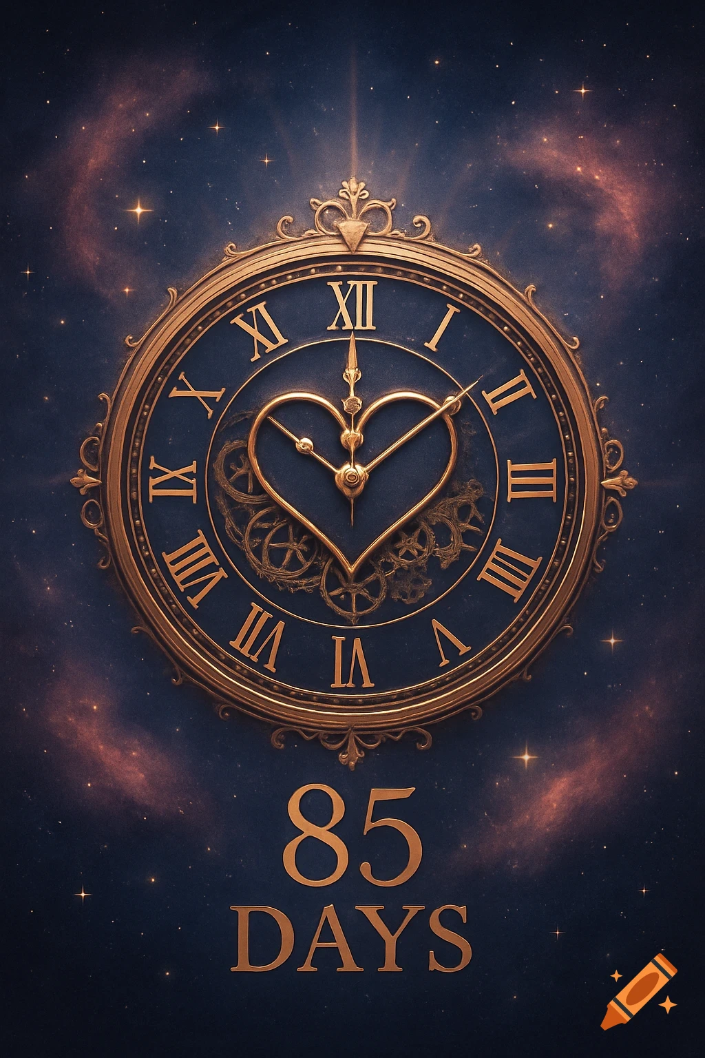 Ornate golden clock with heart-shaped hands, Roman numerals, and '85 DAYS' below, against a starry dark blue celestial background.