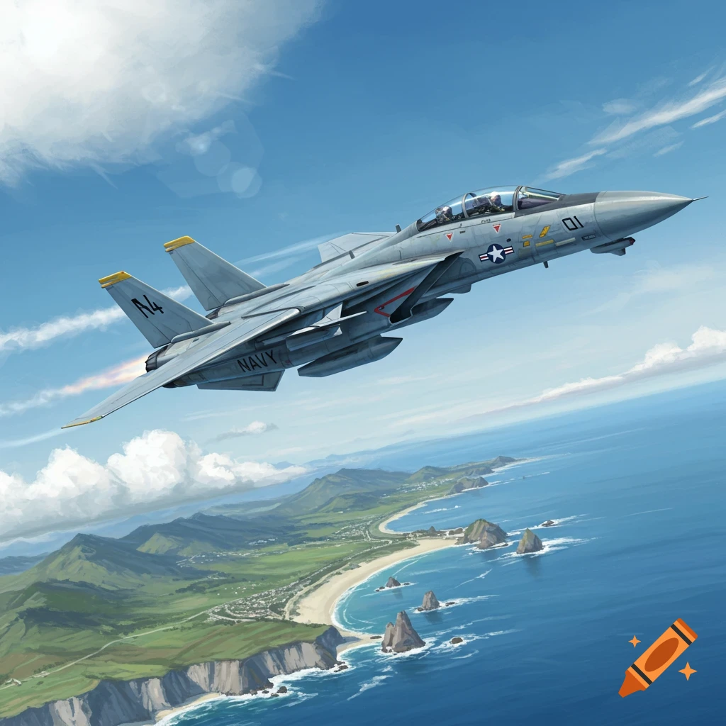 A gray F-14 fighter jet with 'NAVY' text flies over a sunny coastal landscape with beaches, green hills, and blue ocean.