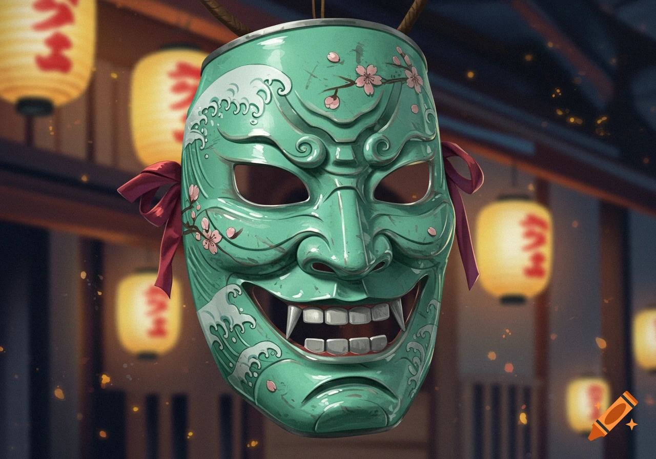 A vibrant teal Japanese Hannya-style mask with white waves and pink cherry blossoms, set against a blurred background of yellow lanterns.