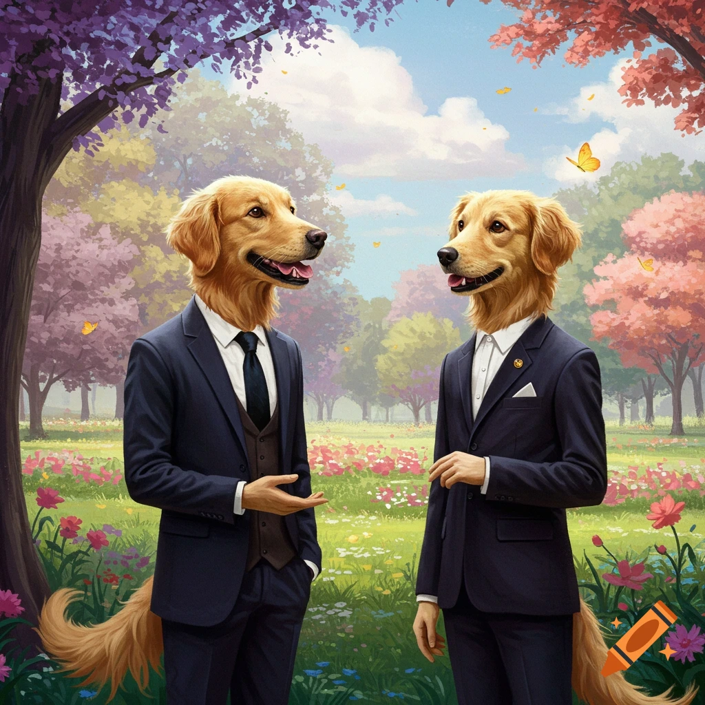 Two anthropomorphic golden retrievers wearing suits stand in a vibrant, colorful garden under a clear sky, conversing.
