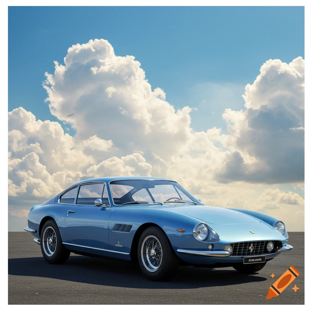 A photorealistic light blue vintage Ferrari 330 GT parked on asphalt under a bright blue sky with fluffy white clouds.
