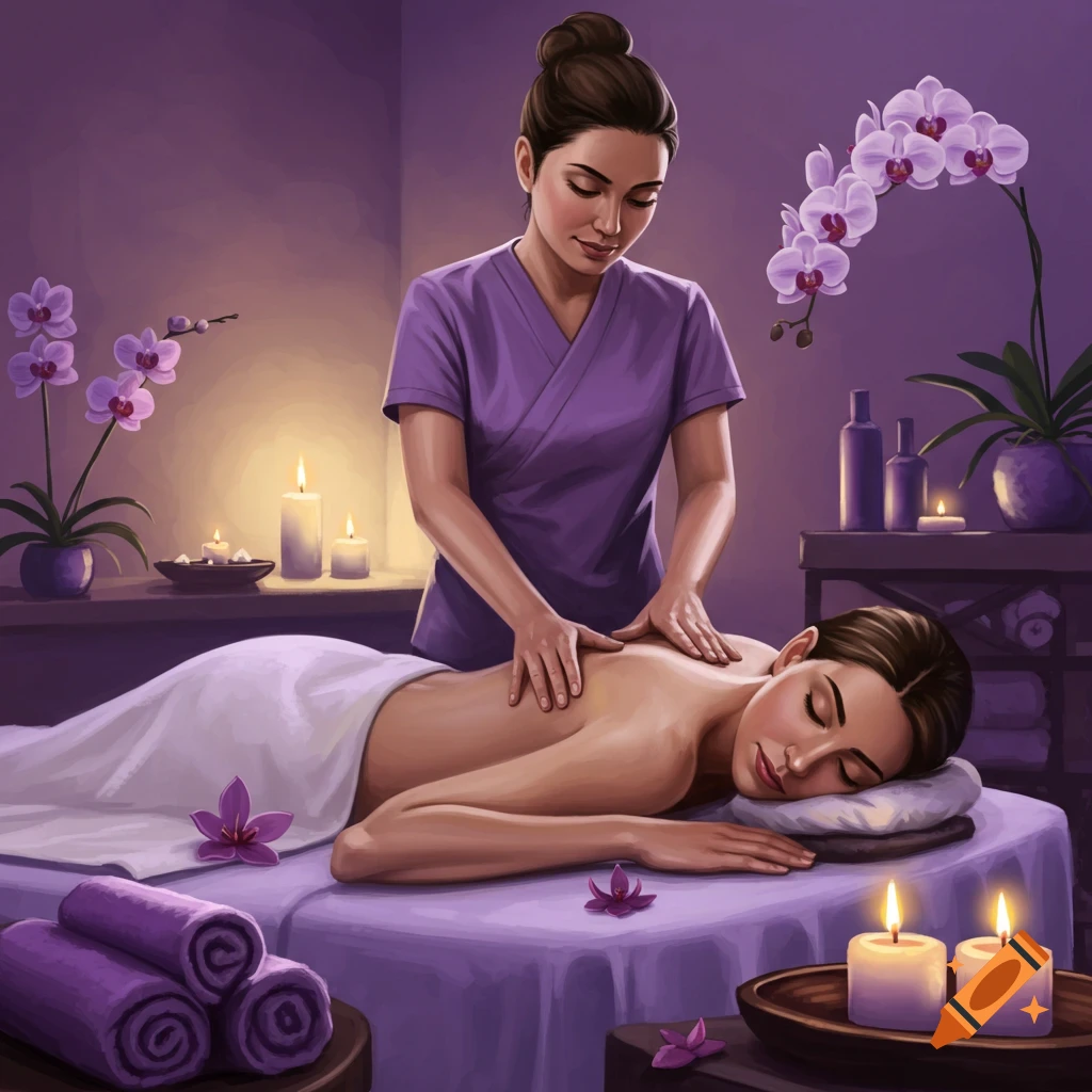Illustration of a therapist giving a back massage to a client in a serene purple-toned spa with orchids and candles.