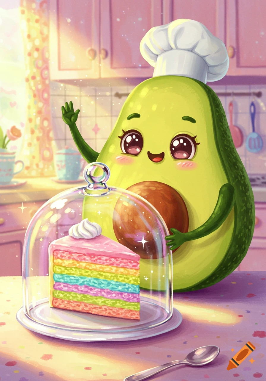 A cute cartoon avocado chef in a hat waves next to a slice of rainbow cake under a glass dome in a pastel kitchen.