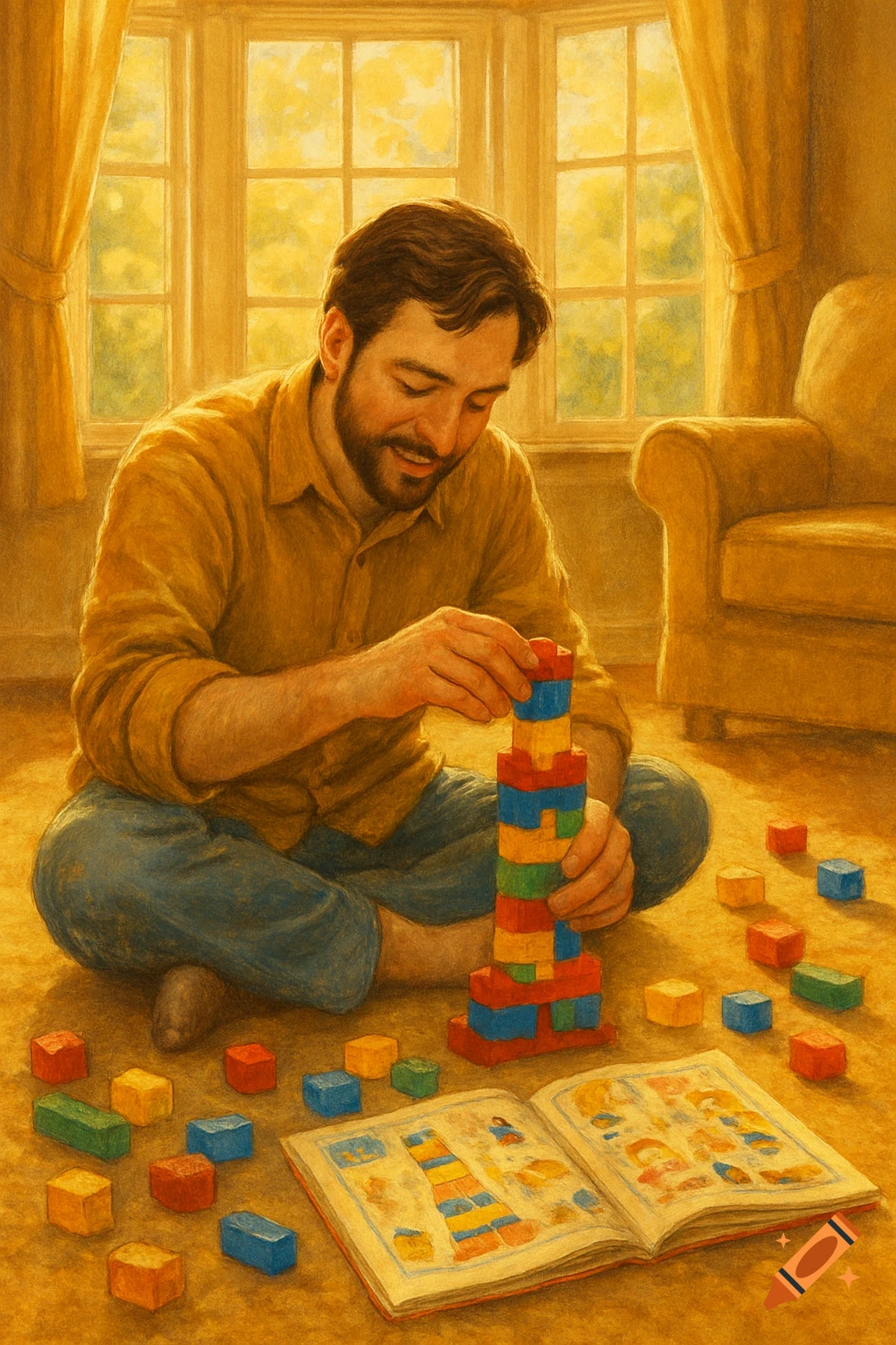 A man with a beard sits on a sunny floor, smiling as he builds a tall tower of colorful toy blocks, with an open book and more blocks around him.