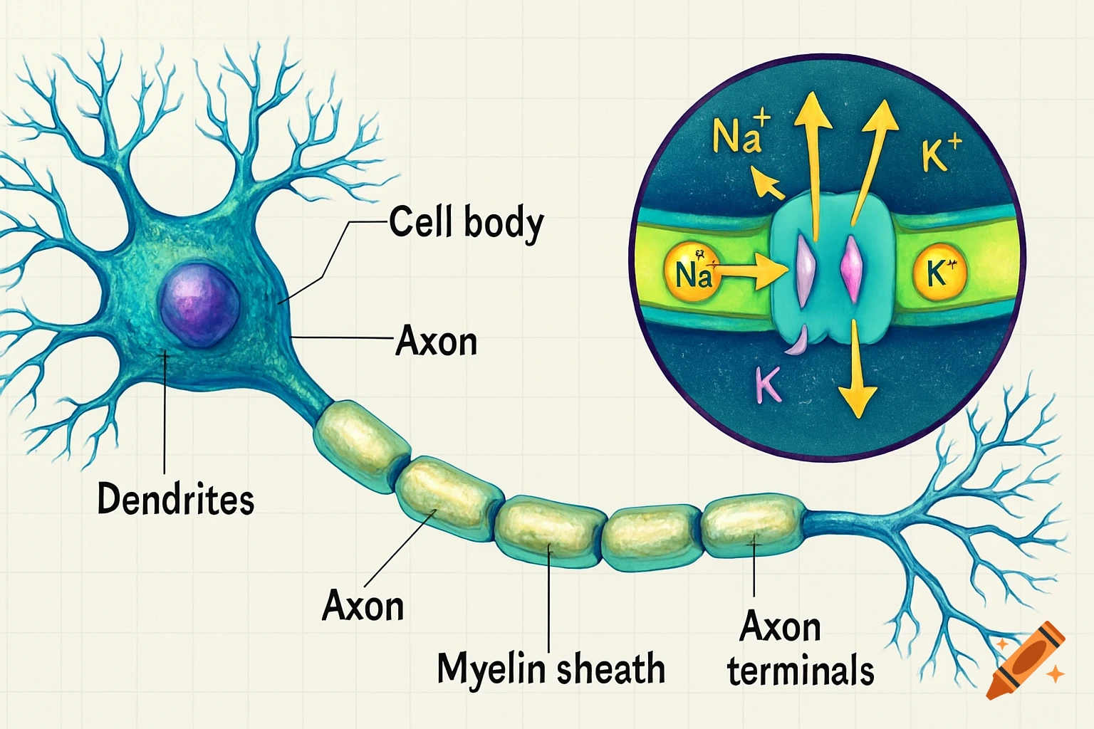 Labeled diagram of a neuron and the sodium-potassium pump, showing Na+ and K+ ion movement.