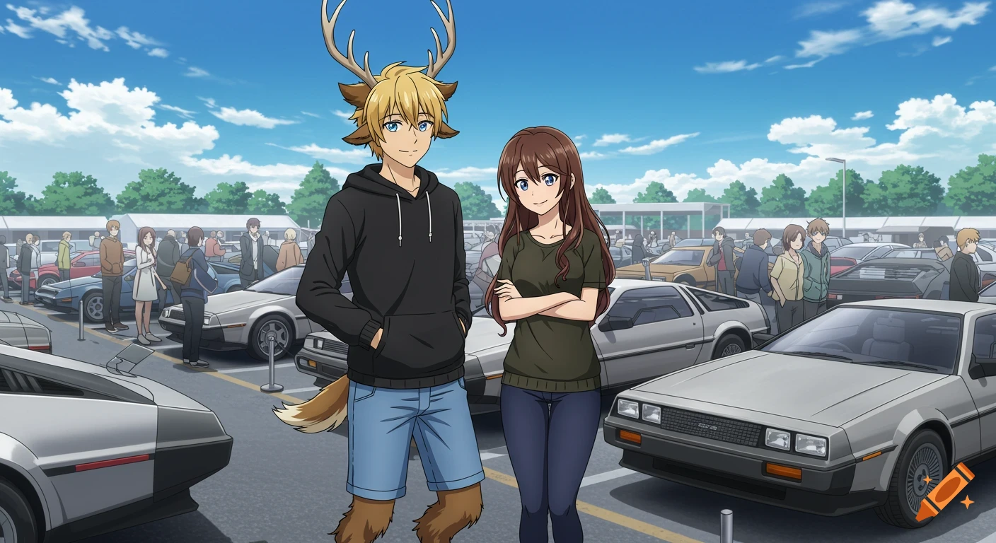 Anime-style satyr with antlers and his brunette girlfriend standing at a DeLorean car show under a blue sky.