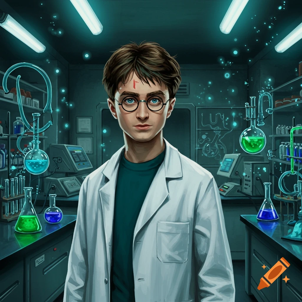 Harry Potter in a white lab coat stands in a futuristic laboratory filled with glowing beakers and equipment.