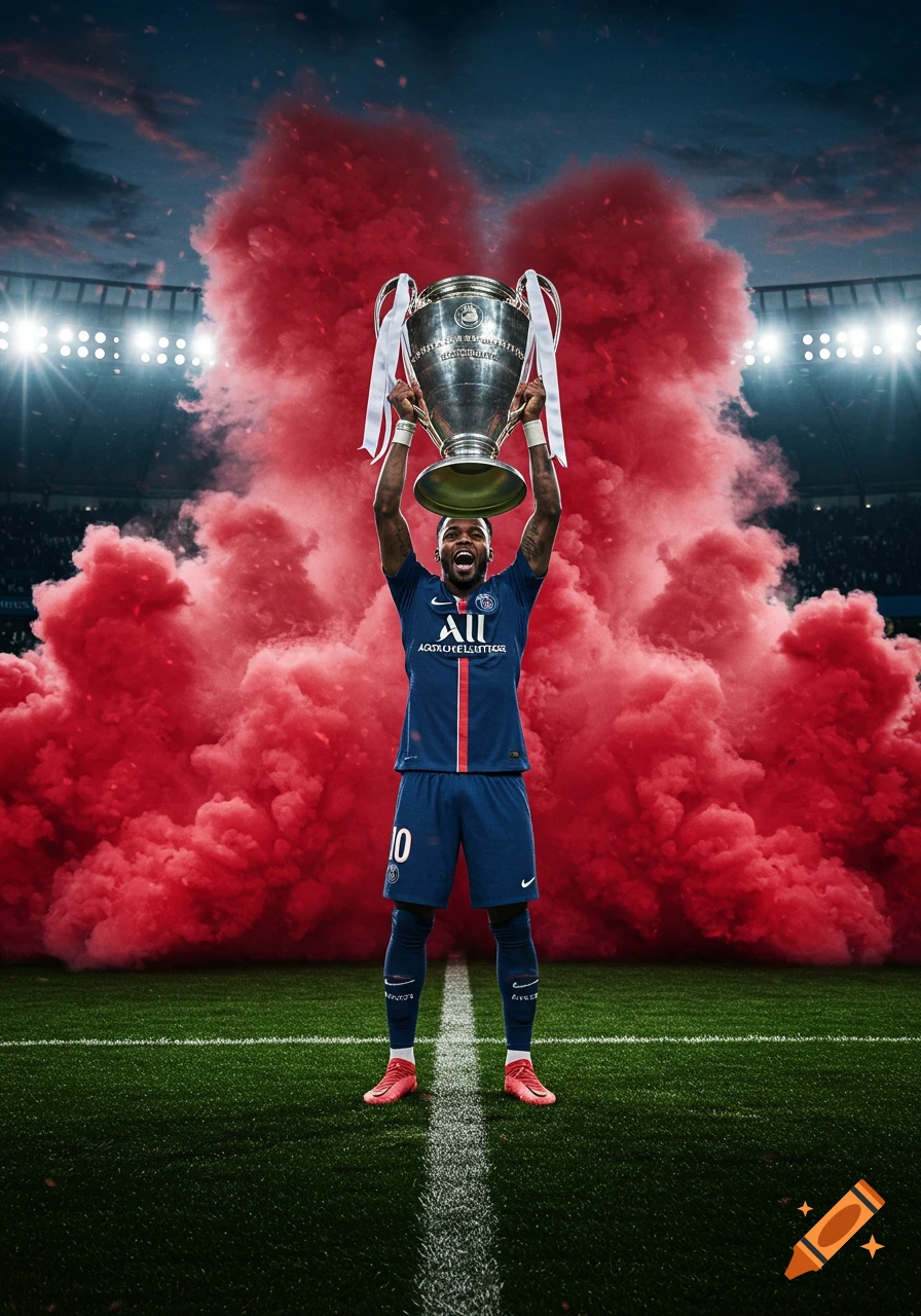 A football player in a PSG jersey holds up the Champions League trophy in a stadium filled with red smoke.