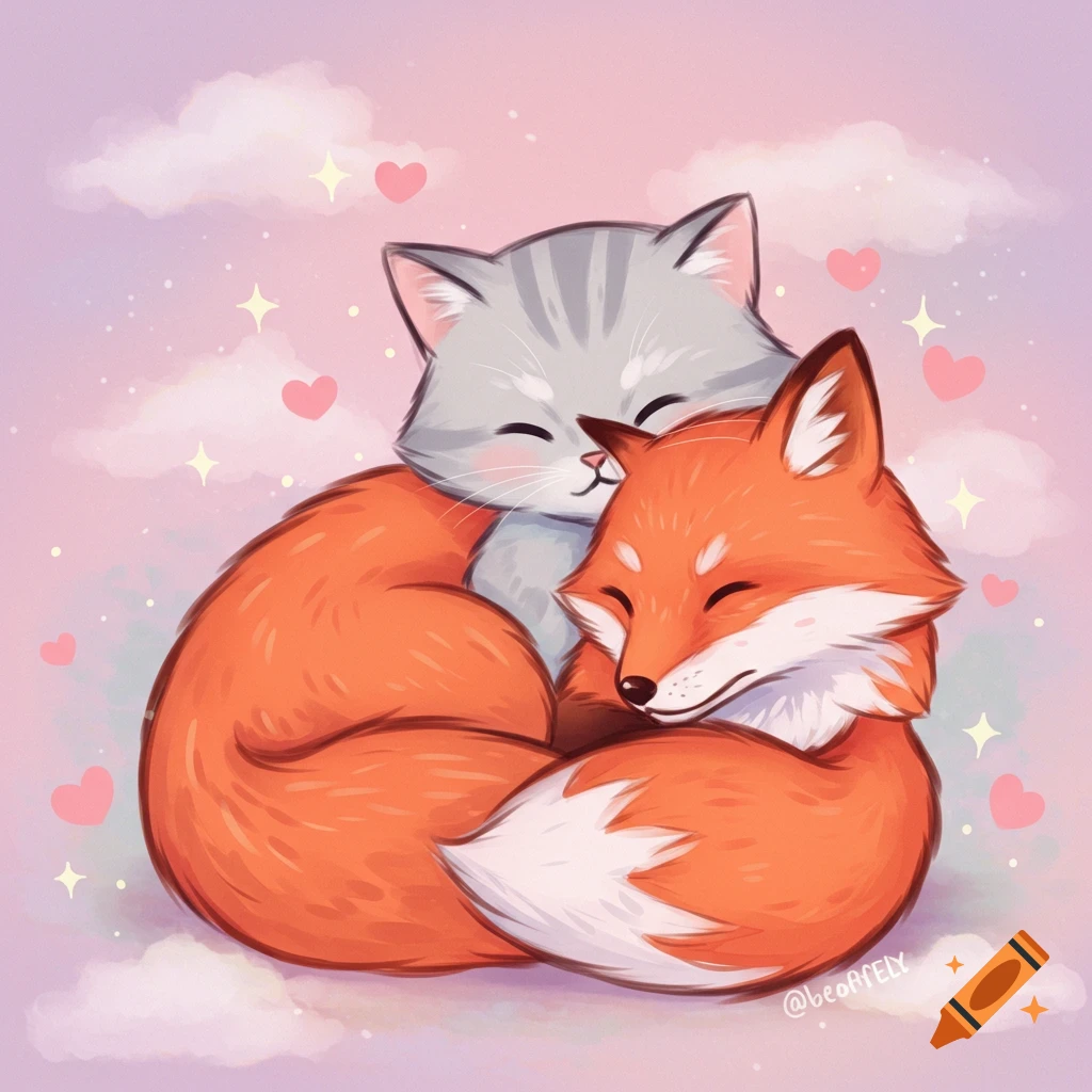 A cute, stylized illustration of a grey cat and an orange fox snuggled together amidst pink clouds and hearts.