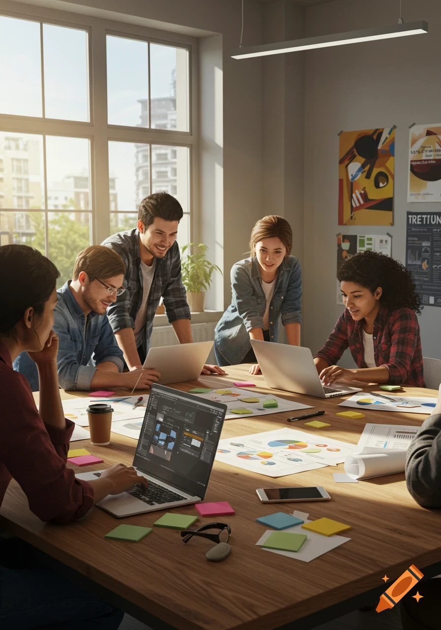 Diverse group of young professionals collaborating on laptops and papers at a conference table in a sunny office.