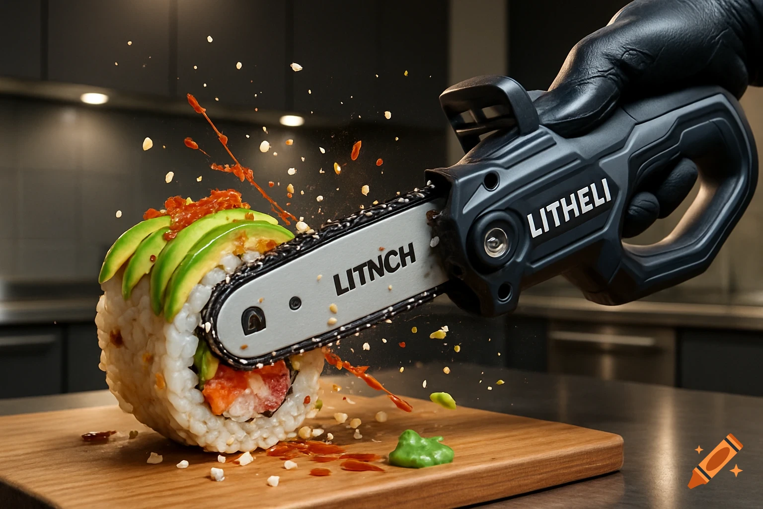 A gloved hand uses a mini chainsaw to cut a sushi roll, splattering sauce and rice in a modern kitchen. Photorealistic style.
