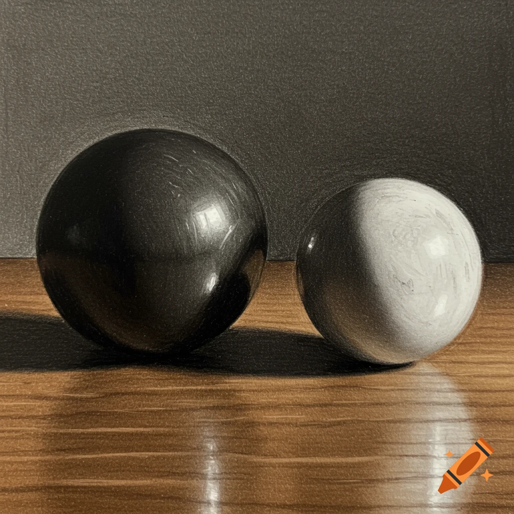 A monochrome drawing of a dark sphere and a light sphere resting on a textured wooden table.