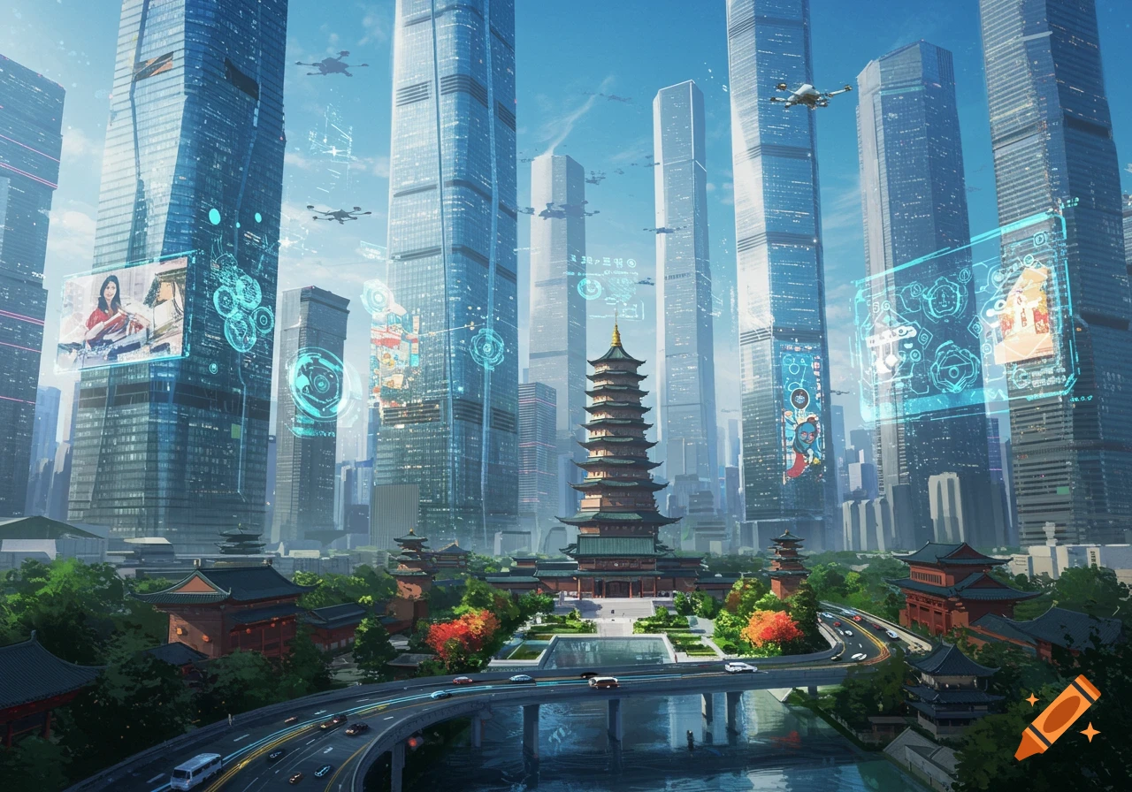 A vibrant, detailed illustration of a futuristic city blending modern skyscrapers and traditional Chinese architecture with flying drones and holographic displays.