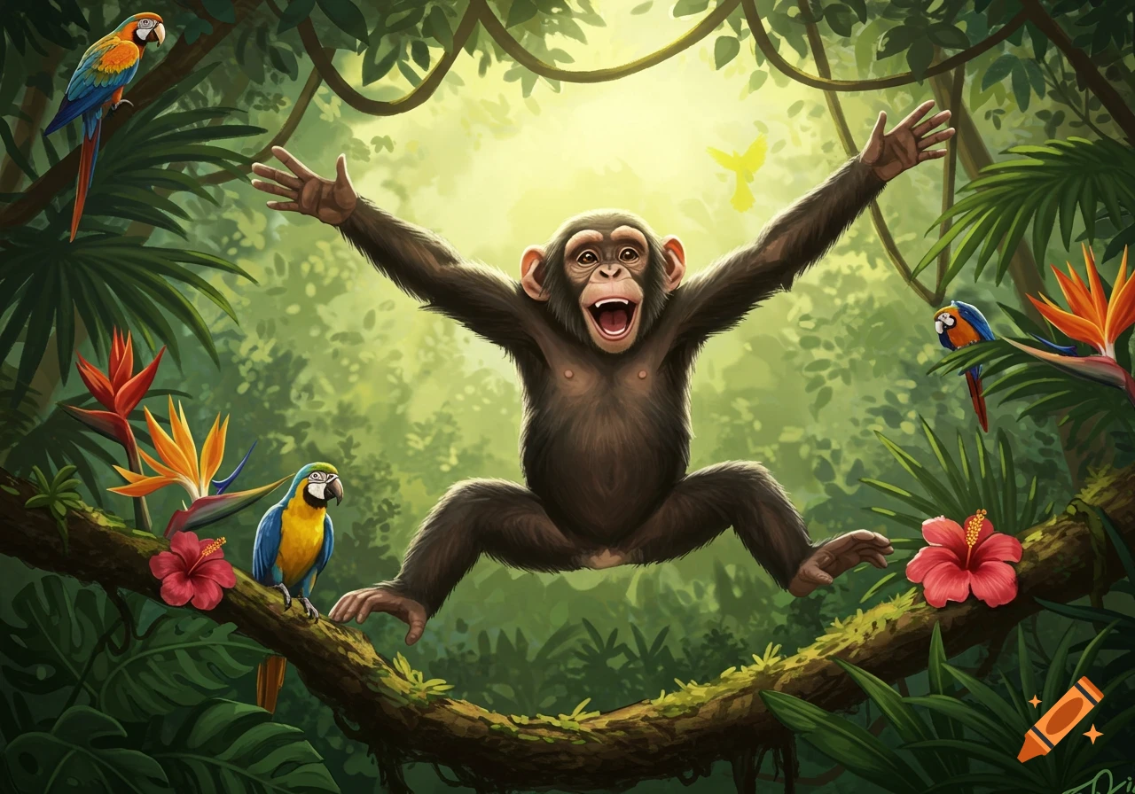 A happy cartoon monkey jumps with arms outstretched on a jungle vine, surrounded by vibrant parrots and tropical flowers.