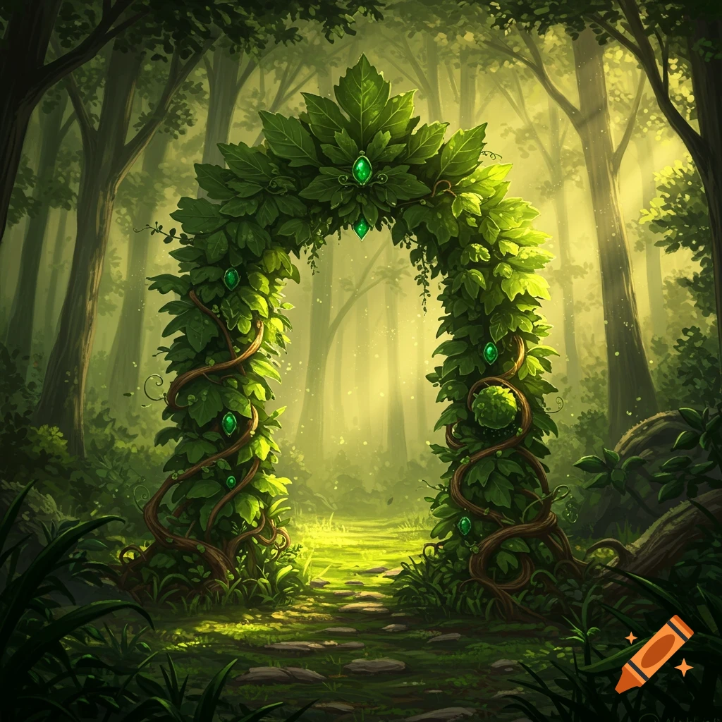 A magical, overgrown archway made of leaves and vines with glowing green gems stands in a sun-dappled enchanted forest.
