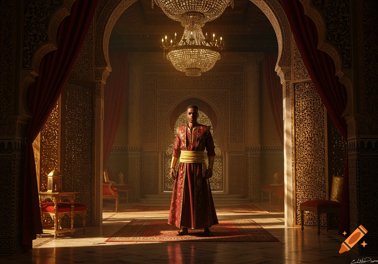 A man in a red and gold tunic stands in an ornate, arch-filled room with a grand chandelier and intricate patterns.