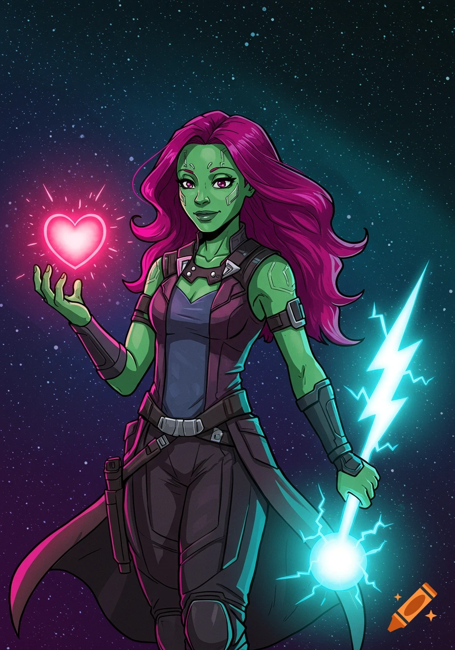 A green-skinned, pink-haired cartoon woman (Gamora) in a sci-fi outfit holds a glowing pink heart and a glowing blue lightning bolt against a starry space background.