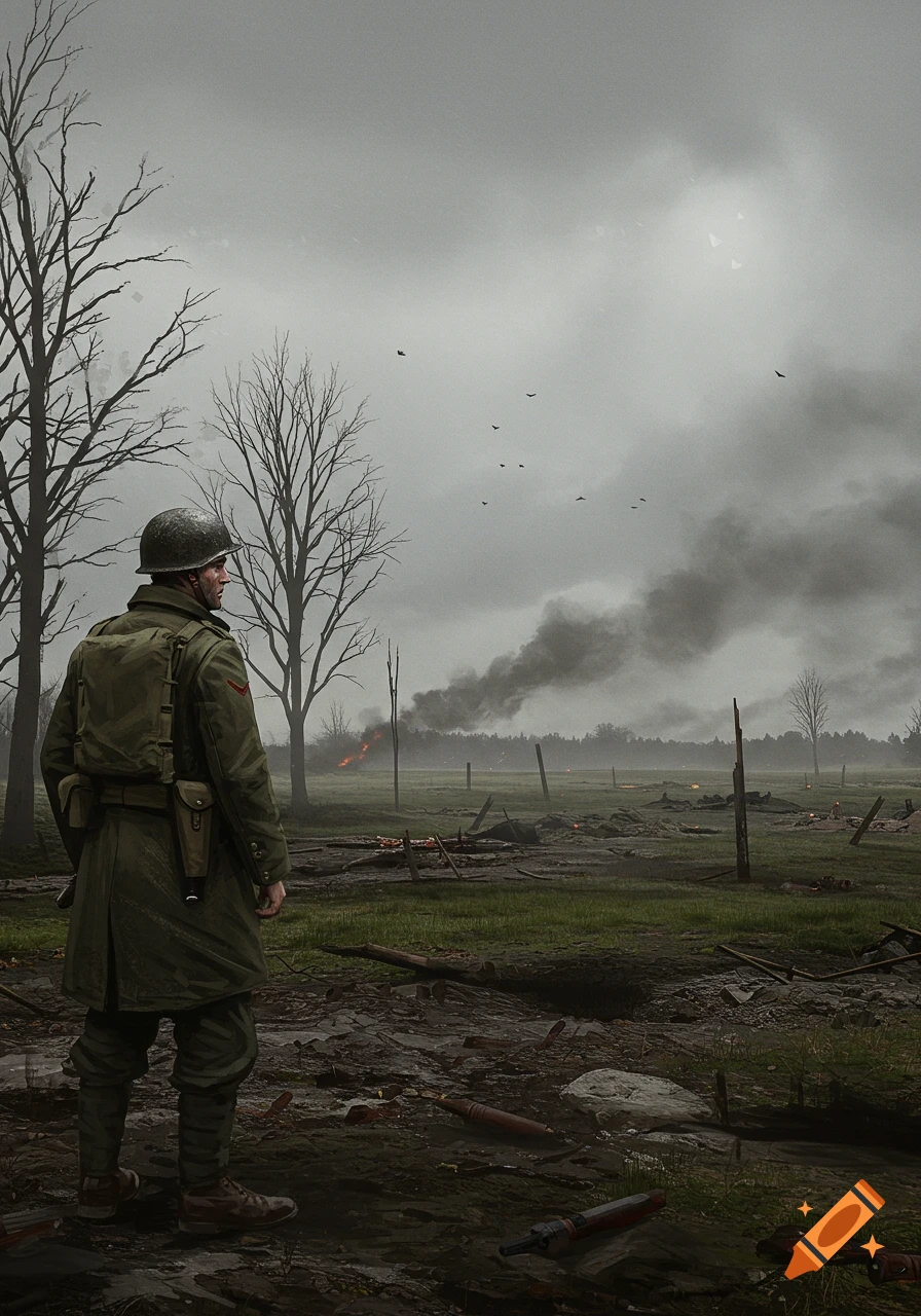 A lone soldier stands on a muddy, war-torn battlefield, looking out at distant smoke and fires under a bleak, cloudy sky.
