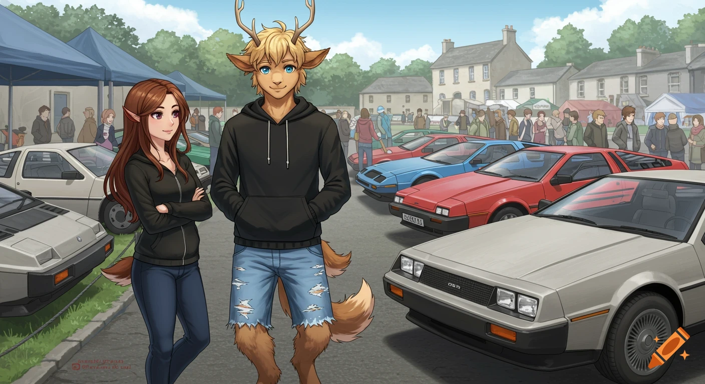 Anime-style illustration of a faun and a girl with elf ears and a tail at a DMC-12 car show in Dunmurry.