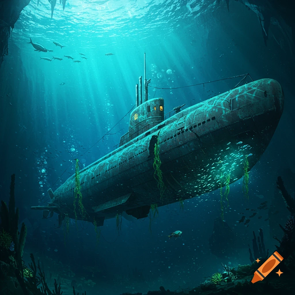 An old, rusty submarine submerged in clear blue ocean water, with light rays, fish, and underwater caves.