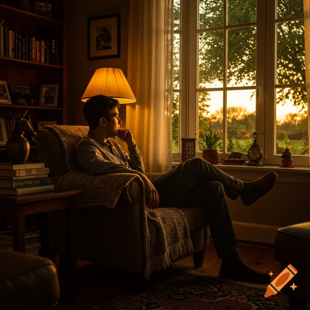 Man sitting in an armchair by a window, looking out at a golden hour sunset, in a cozy room with bookshelves and a lamp.