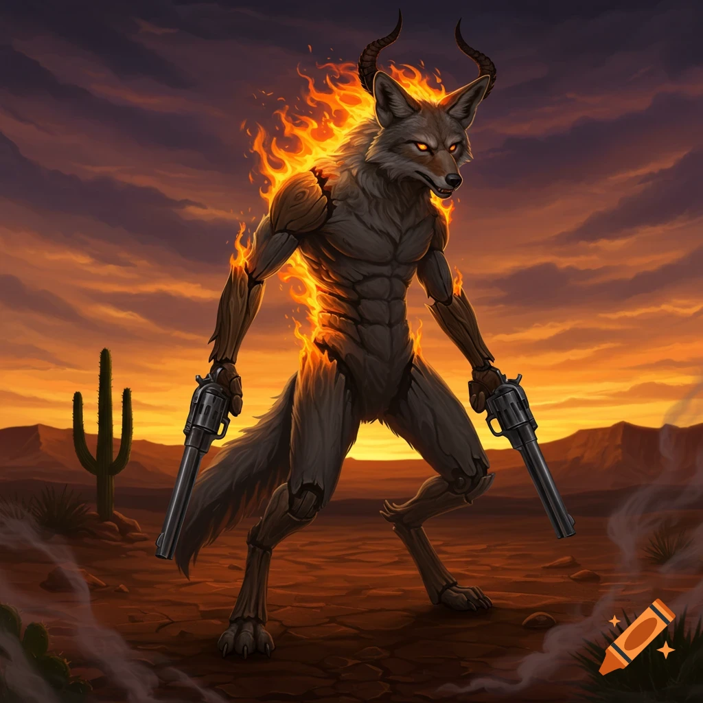 Fiery bipedal coyote with demon horns, wooden arms, holding revolvers, stands in a desert sunset with a cactus.