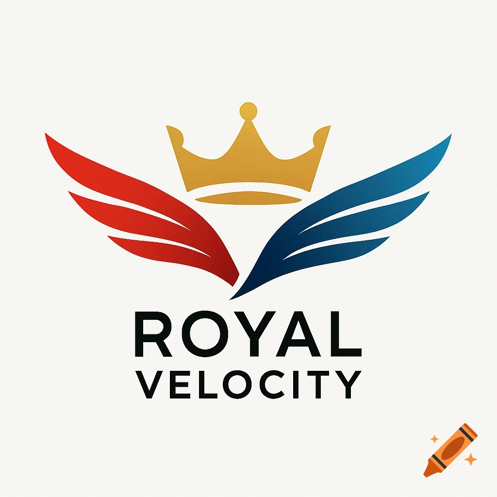 A clean logo featuring a golden crown between a red wing and a blue wing, with the text ROYAL VELOCITY below.