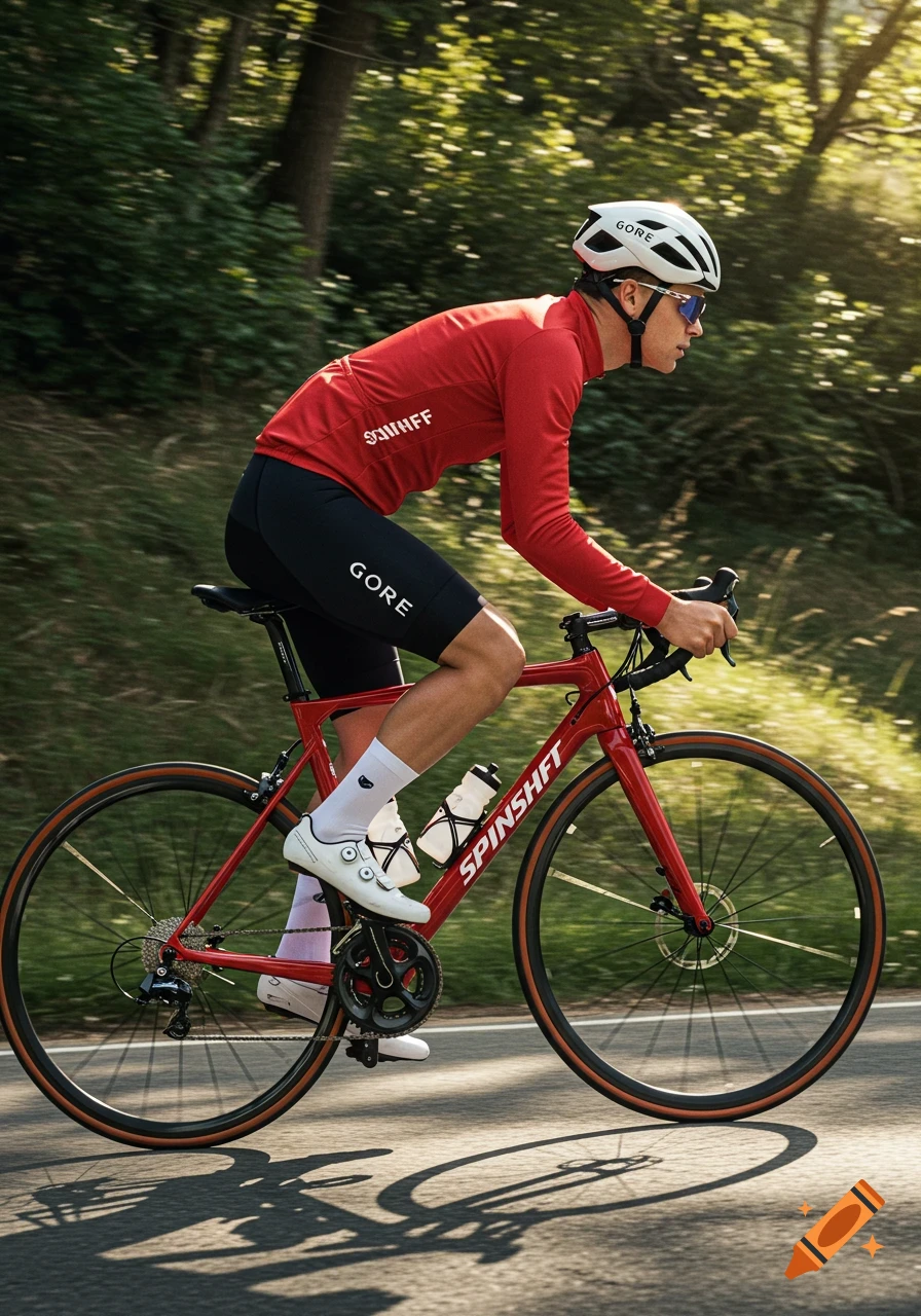 An athletic male cyclist in a red long-sleeve jersey, black shorts, white helmet, and white cycling shoes rides a red road bike on an asphalt road lined with green trees in sunlight.